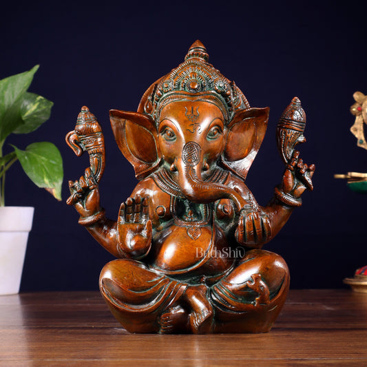 Brass Ganesha Idol with Sharp Features - 8 Inch Vintage brown | 100% Certified Copper & Brass - Sama Homes Idol - Brass Sculpture