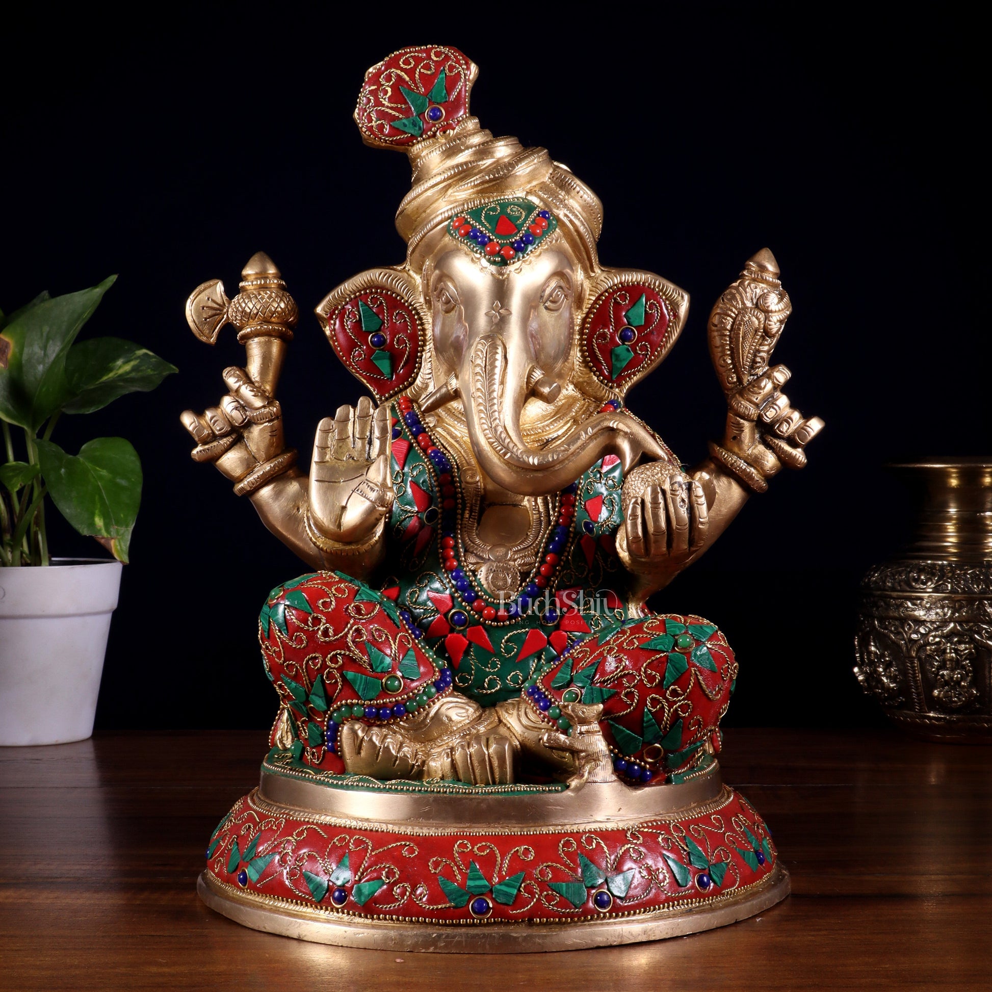 Brass Pagadi Ganesha Statue with Floral Stonework – 11.5 Inch | 100% Certified Copper & Brass - Sama Homes Idol - Brass Sculpture - Eco-friendly - Sama Homes