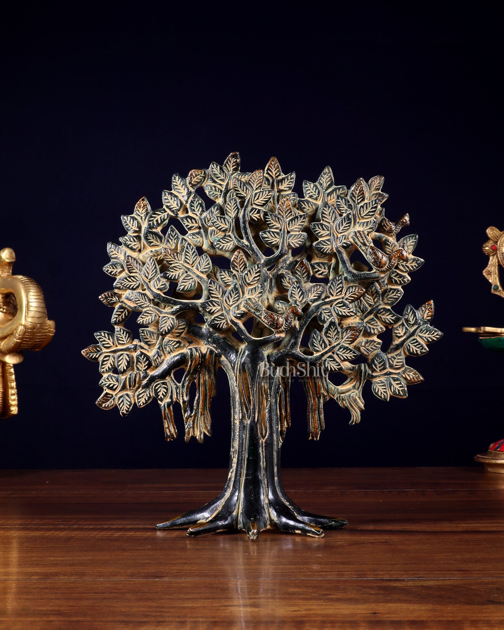 Pure Brass Handcrafted Kalpavriksha Tree - Table Standing 9" sand finish - Eco-friendly - Sama Homes