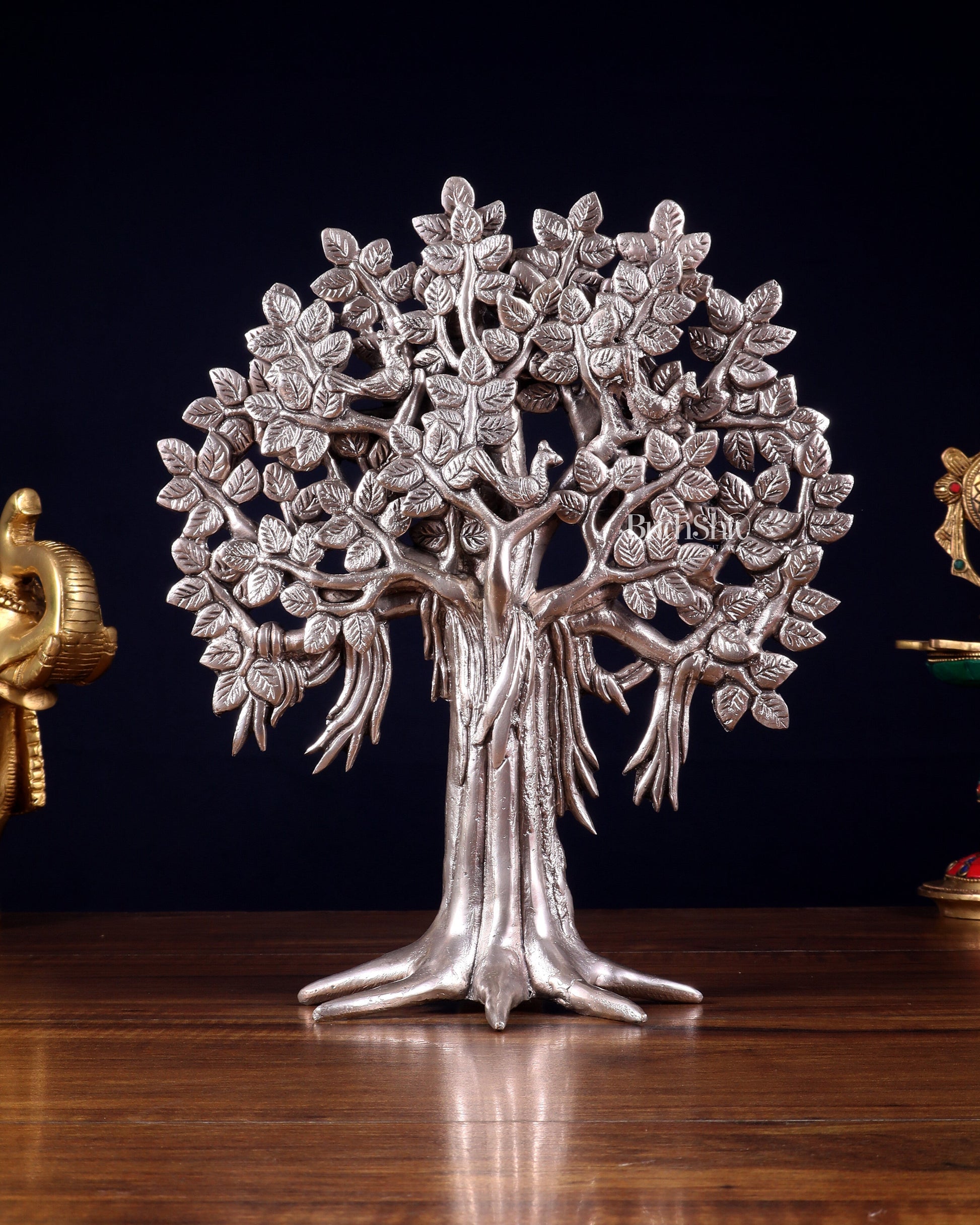 Pure Brass Handcrafted Kalpavriksha Tree - Table Standing - 11" silver plated - Eco-friendly - Sama Homes