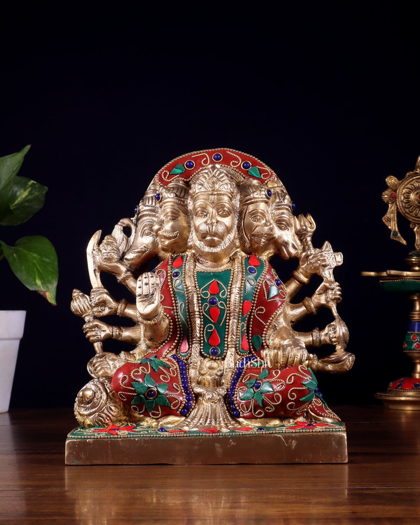 Pure Brass Panchmukhi Hanuman Statue 7.5 Inch stonework - Sama Homes Idol - Brass Sculpture