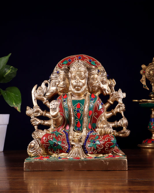 Pure Brass Panchmukhi Hanuman Statue 7.5 Inch stonework - Sama Homes Idol - Brass Sculpture