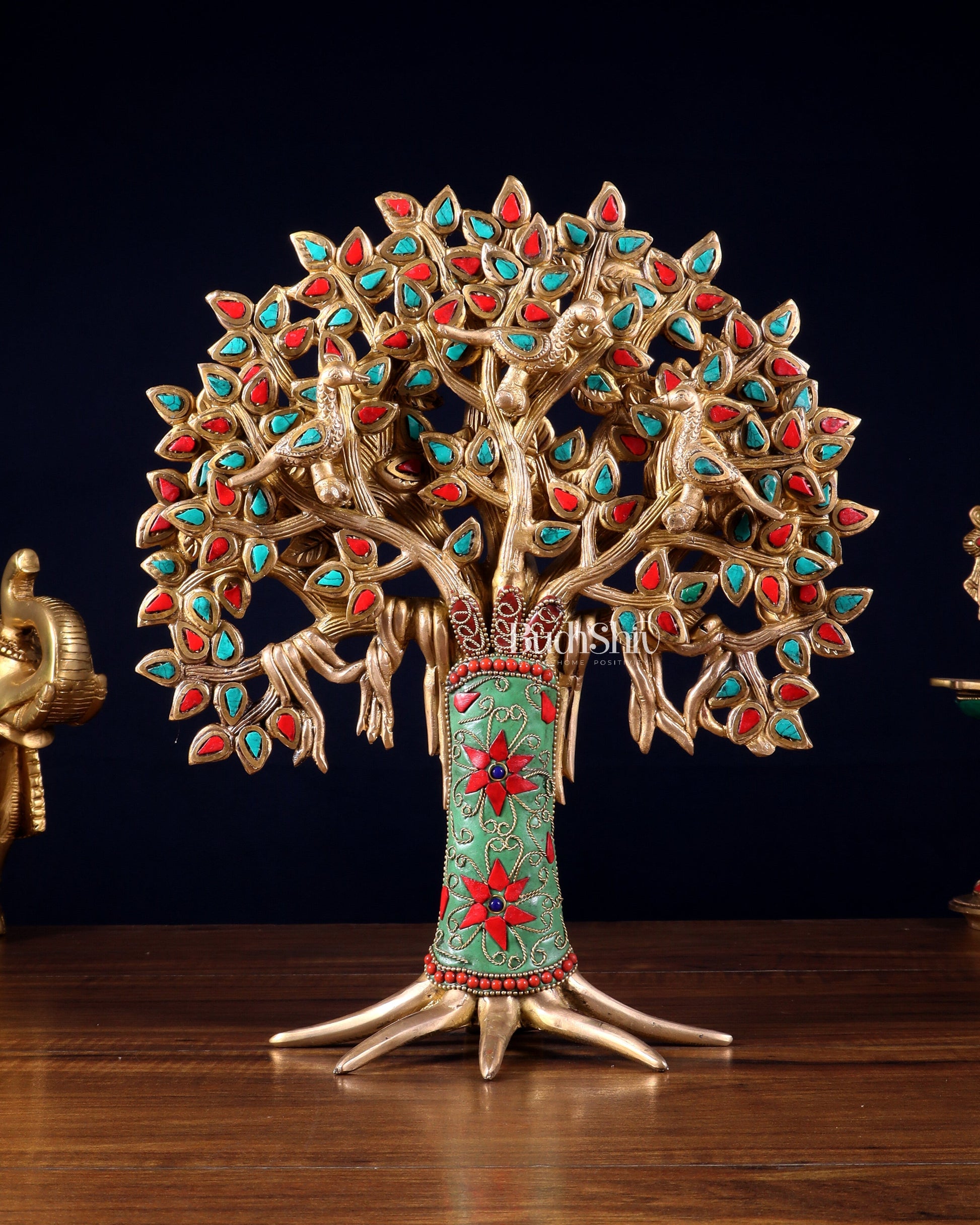 Exquisite Brass Kalpavriksha Tree of Life Showpiece - Table Standing | Height 12" with stonework - Eco-friendly - Sama Homes