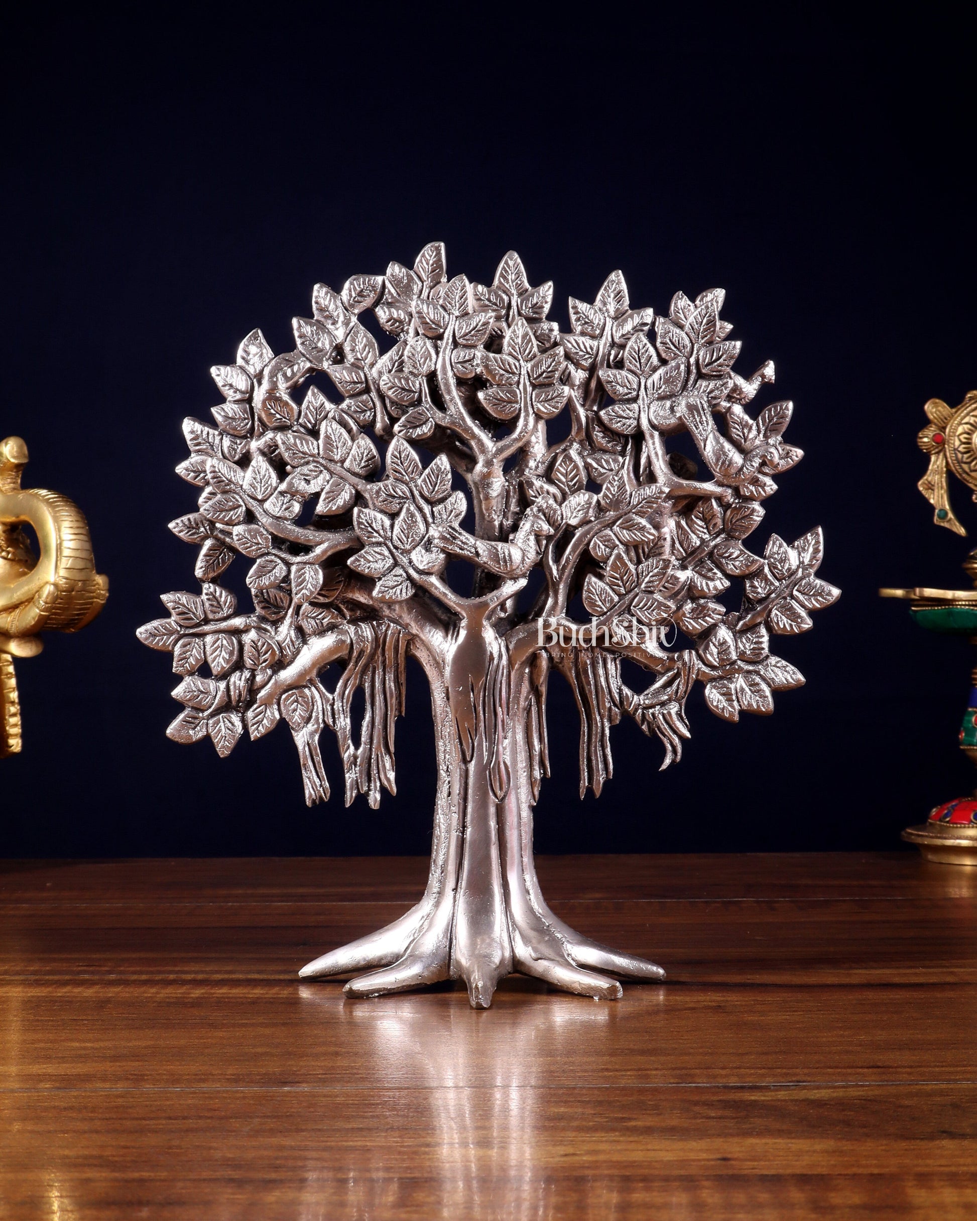 Pure Brass Handcrafted Kalpavriksha Tree - Table Standing 9" silver plated - Eco-friendly - Sama Homes