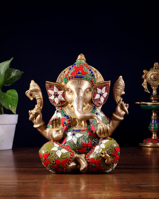 Brass lord Ganesha Idol with Sharp Features - 8 Inch | 100% Certified Copper & Brass - Sama Homes Idol - Brass Sculpture