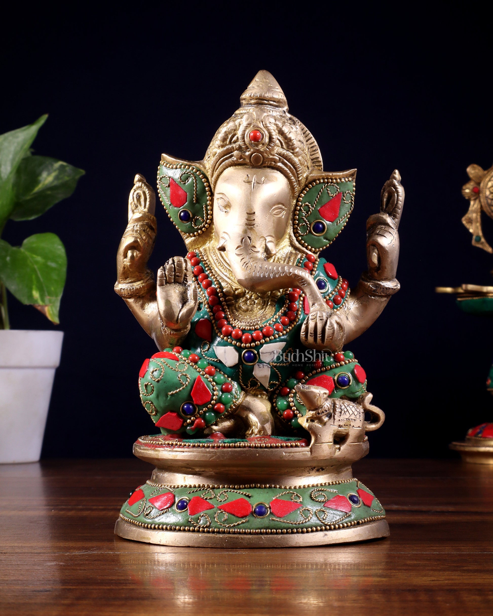Pure Brass Taj Ganesha Statue with Round Base 7" with stonework - Sama Homes Idol - Brass Sculpture - Eco-friendly - Sama Homes