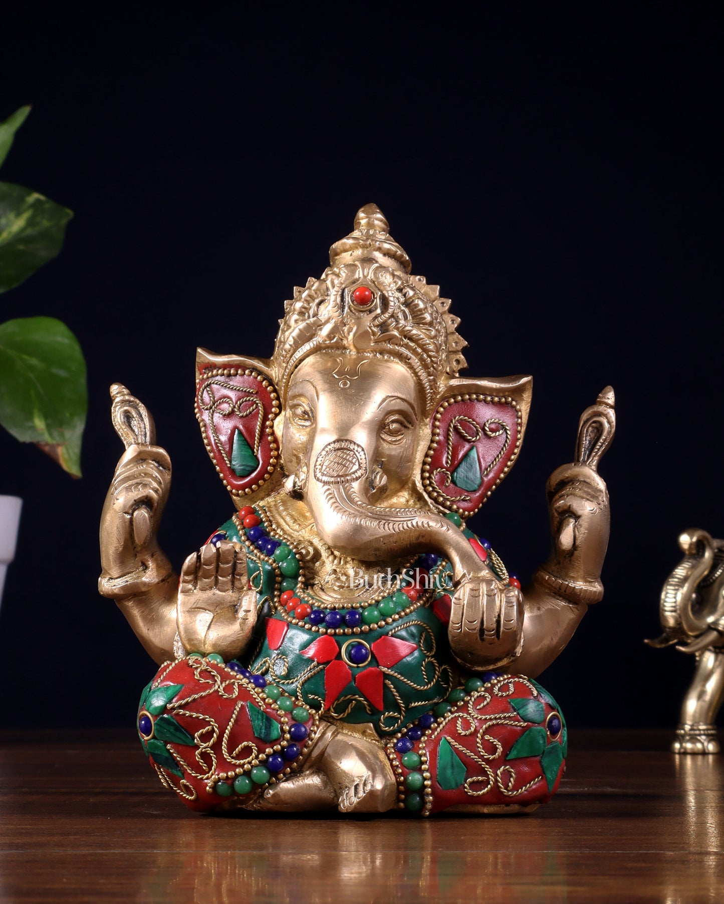 Taj Ganesha Brass Sculpture with floral stonework 6" - Sama Homes Idol - Brass Sculpture