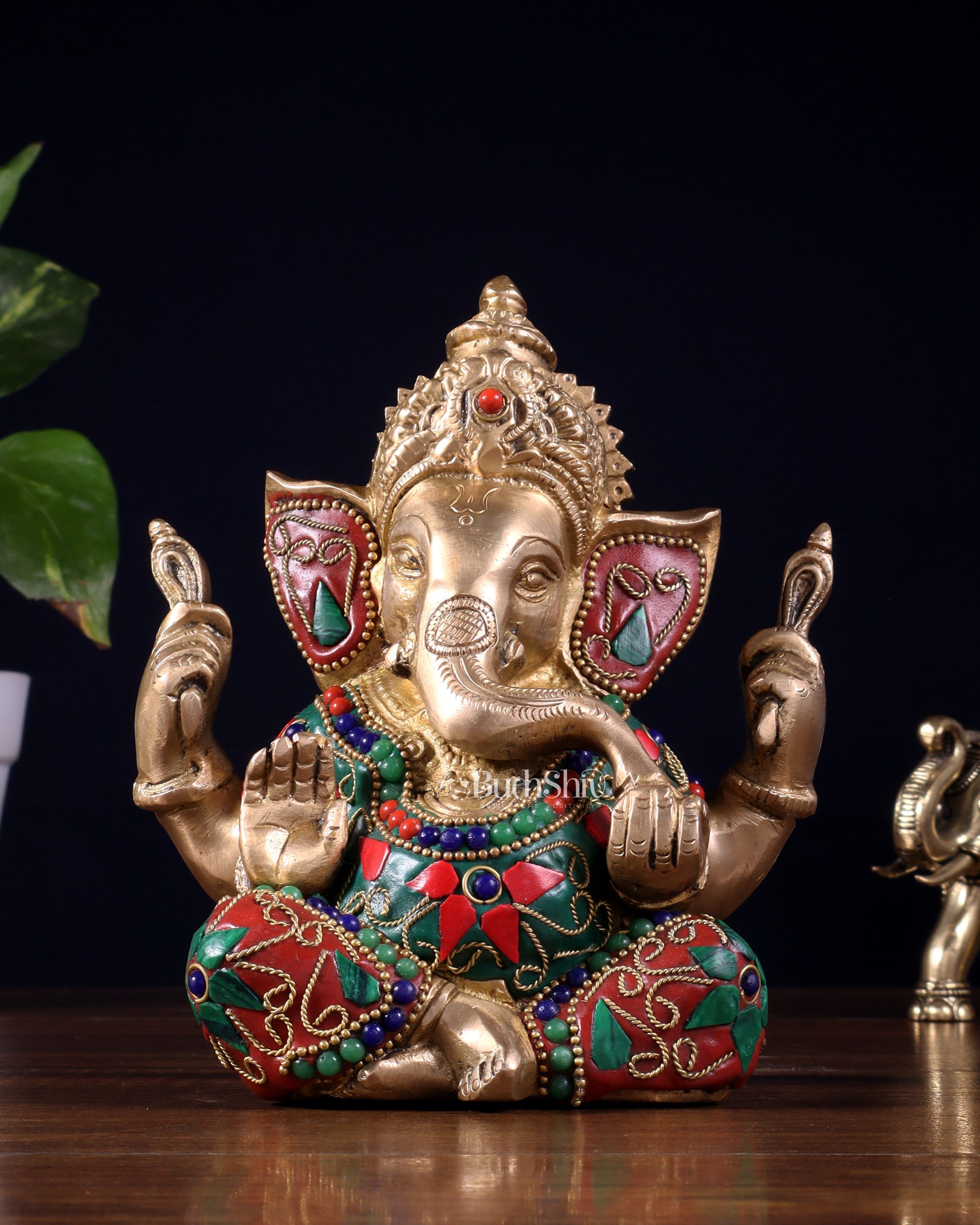 Taj Ganesha Brass Sculpture with floral stonework 6" - Sama Homes Idol - Brass Sculpture - Eco-friendly - Sama Homes