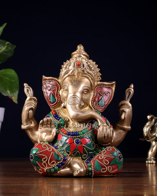 Taj Ganesha Brass Sculpture with floral stonework 6" - Sama Homes Idol - Brass Sculpture