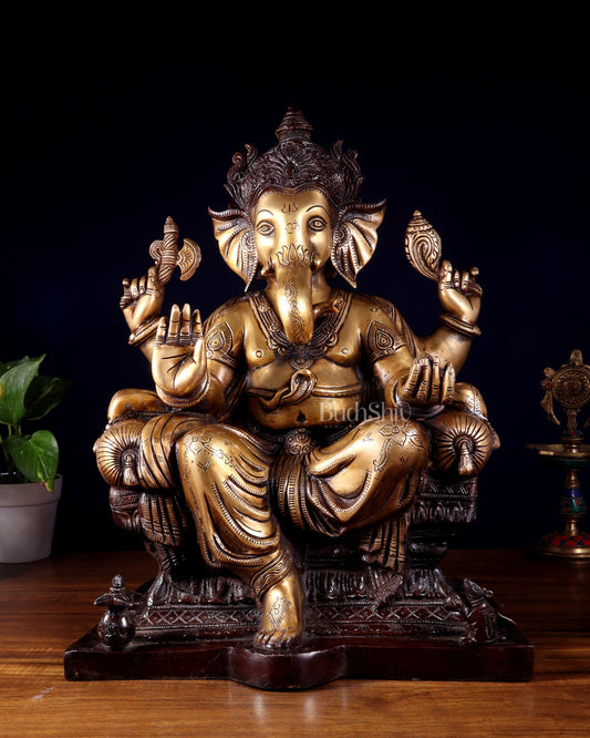 Ganesha Pure Brass Superfine statue with enhanced carvings  - 18" dual toned - Sama Homes Idol - Brass Sculpture