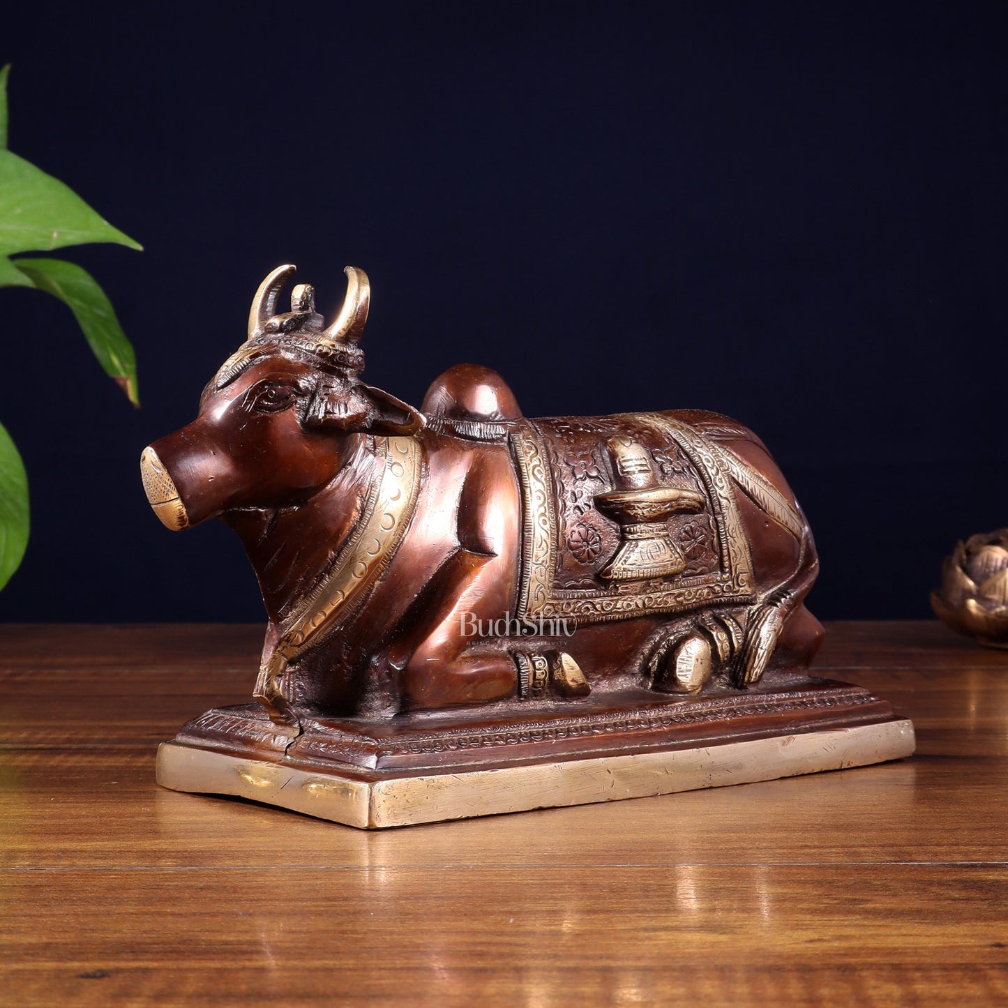 Pure Brass Nandi Statue with Shiva Lingam and vasuki Carvings – Copper Tone Finish 8.2" - Sama Homes Idol - Brass Sculpture
