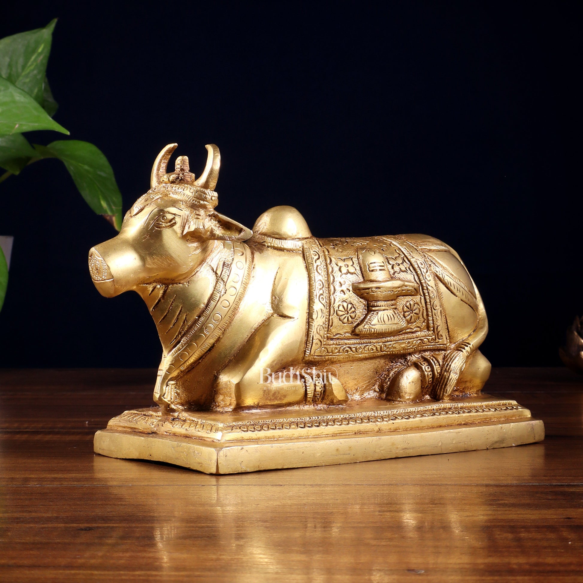 Pure Brass Nandi Statue with Shiva Lingam & Vasuki Carvings – Butter Gold Tone 8.2" - Sama Homes Idol - Brass Sculpture - Eco-friendly - Sama Homes