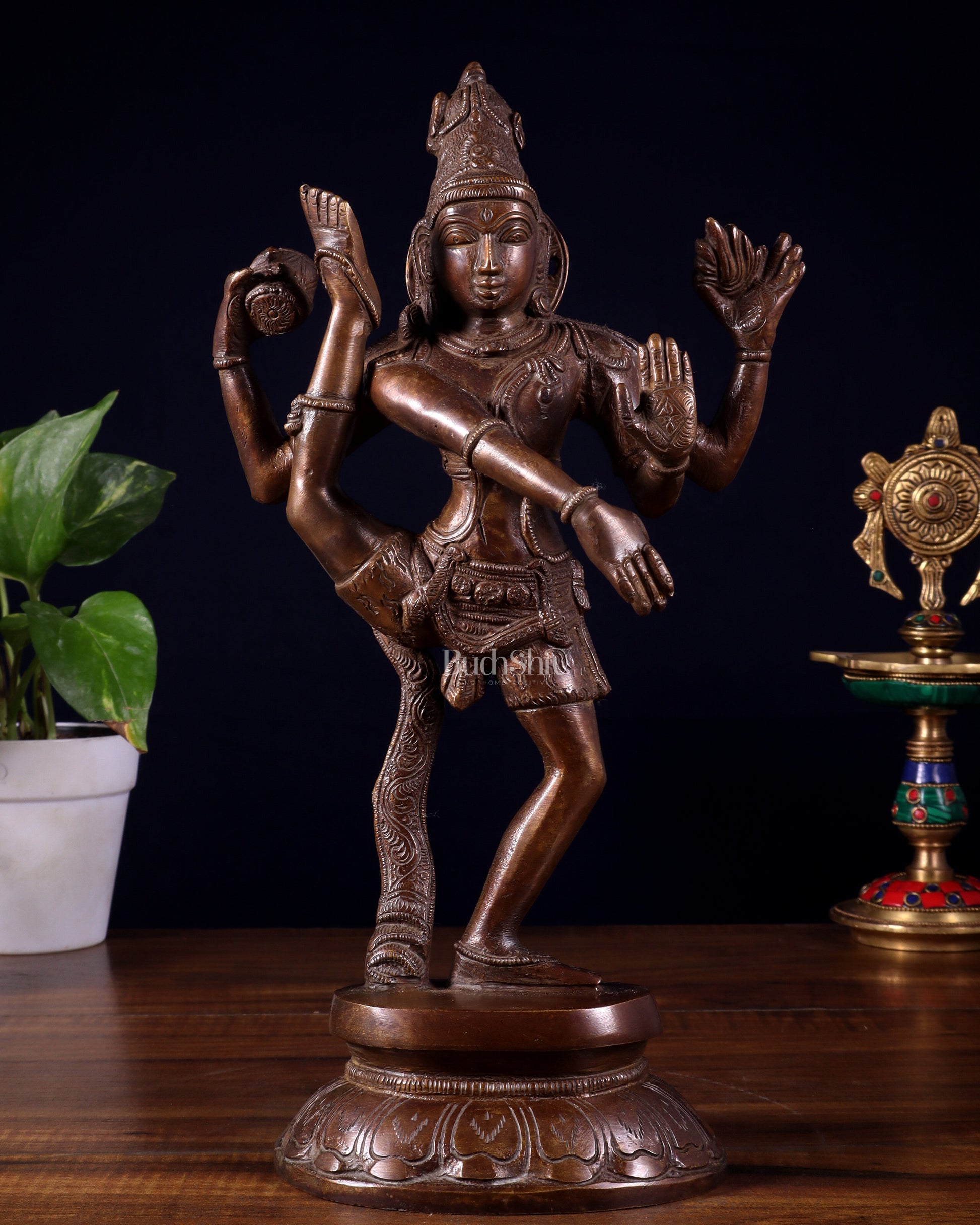 Pure Brass Urdhva Tandava Dancing Shiva Statue – Dark Brown Tone 12" - Sama Homes Idol - Brass Sculpture - Eco-friendly - Sama Homes