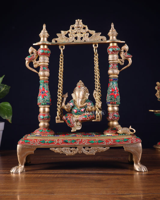 Pure Brass Lord Ganesha Swing (Jhoola) – Traditional Décor for Home & Pooja 13 inch - Sama Homes Idol - Brass Sculpture