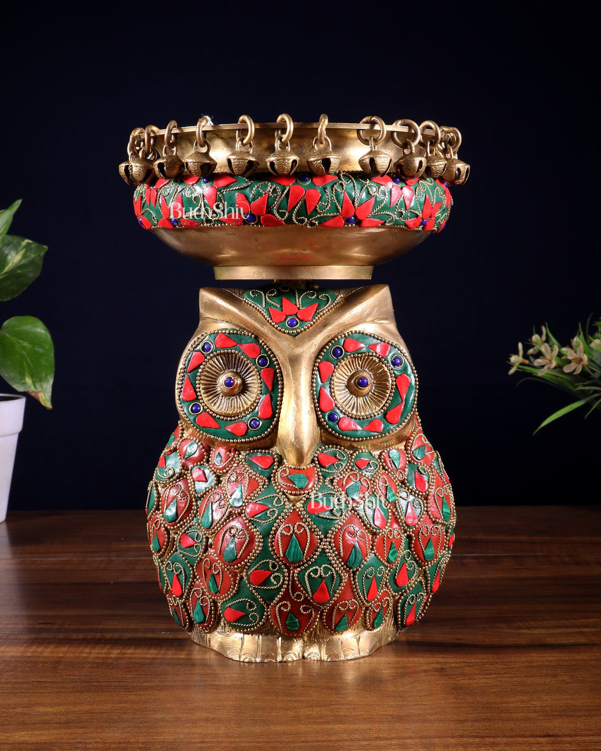 Pure Brass Urli Bowl with Large Owl – Adorned with Stonework | Unique Gift & Home Accent – Sama Homes - Eco-friendly - Sama Homes