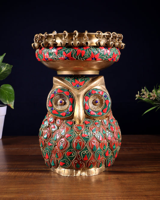 Pure Brass Urli Bowl with Large Owl – Adorned with Stonework | Unique Gift & Home Accent – Sama Homes