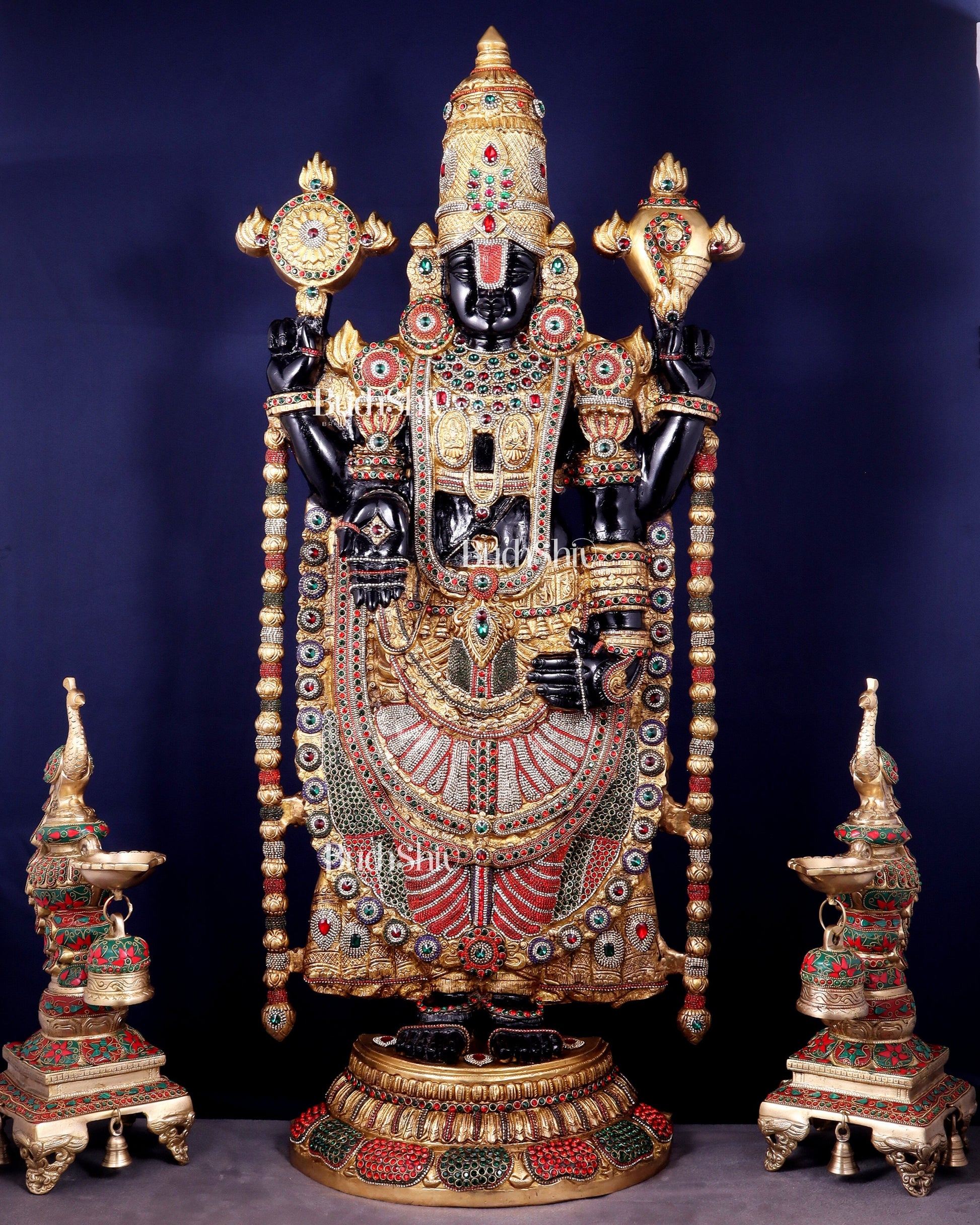 Brass Tirupati Balaji Idol 48 inch with jewellers meenakari Stonework - Sama Homes Idol - Brass Sculpture - Eco-friendly - Sama Homes