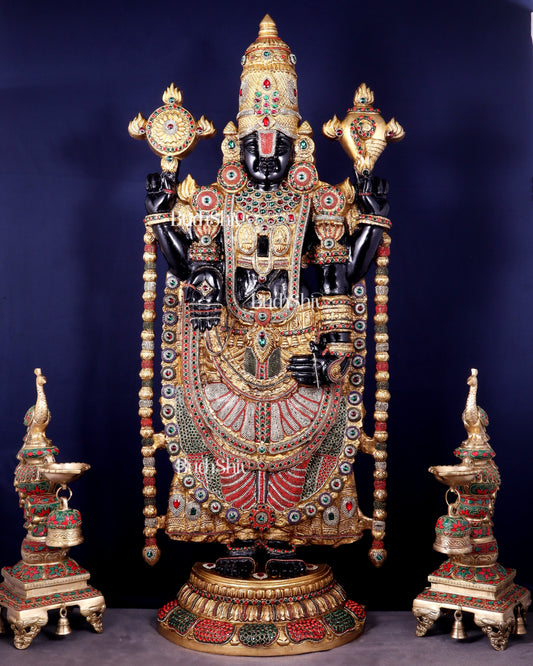 Brass Tirupati Balaji Idol 48 inch with jewellers meenakari Stonework - Sama Homes Idol - Brass Sculpture