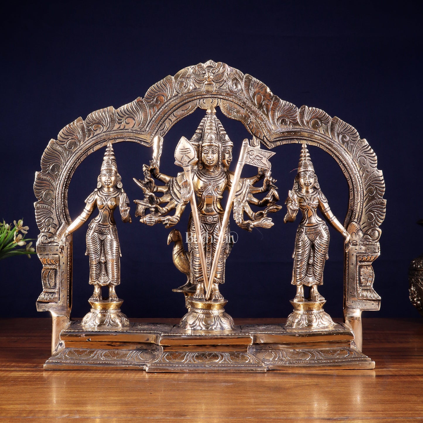 Pure Brass Lord Murugan with Valli & Devasena Idol | Intricately Crafted Shan Murugan Statue 12 inch - Sama Homes Idol - Brass Sculpture