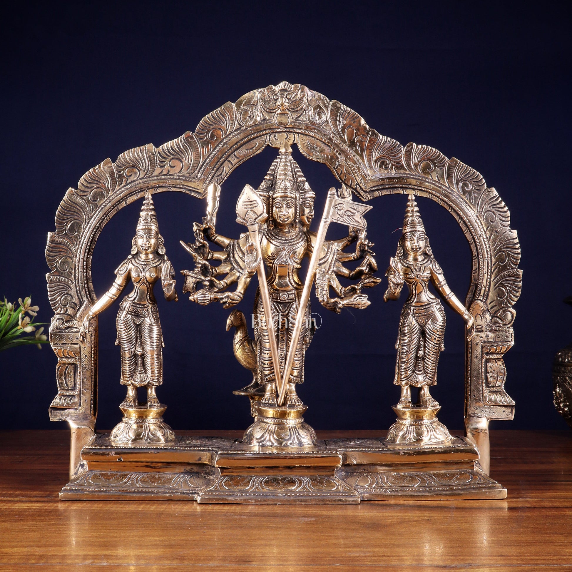 Pure Brass Lord Murugan with Valli & Devasena Idol | Intricately Crafted Shan Murugan Statue 12 inch - Sama Homes Idol - Brass Sculpture - Eco-friendly - Sama Homes