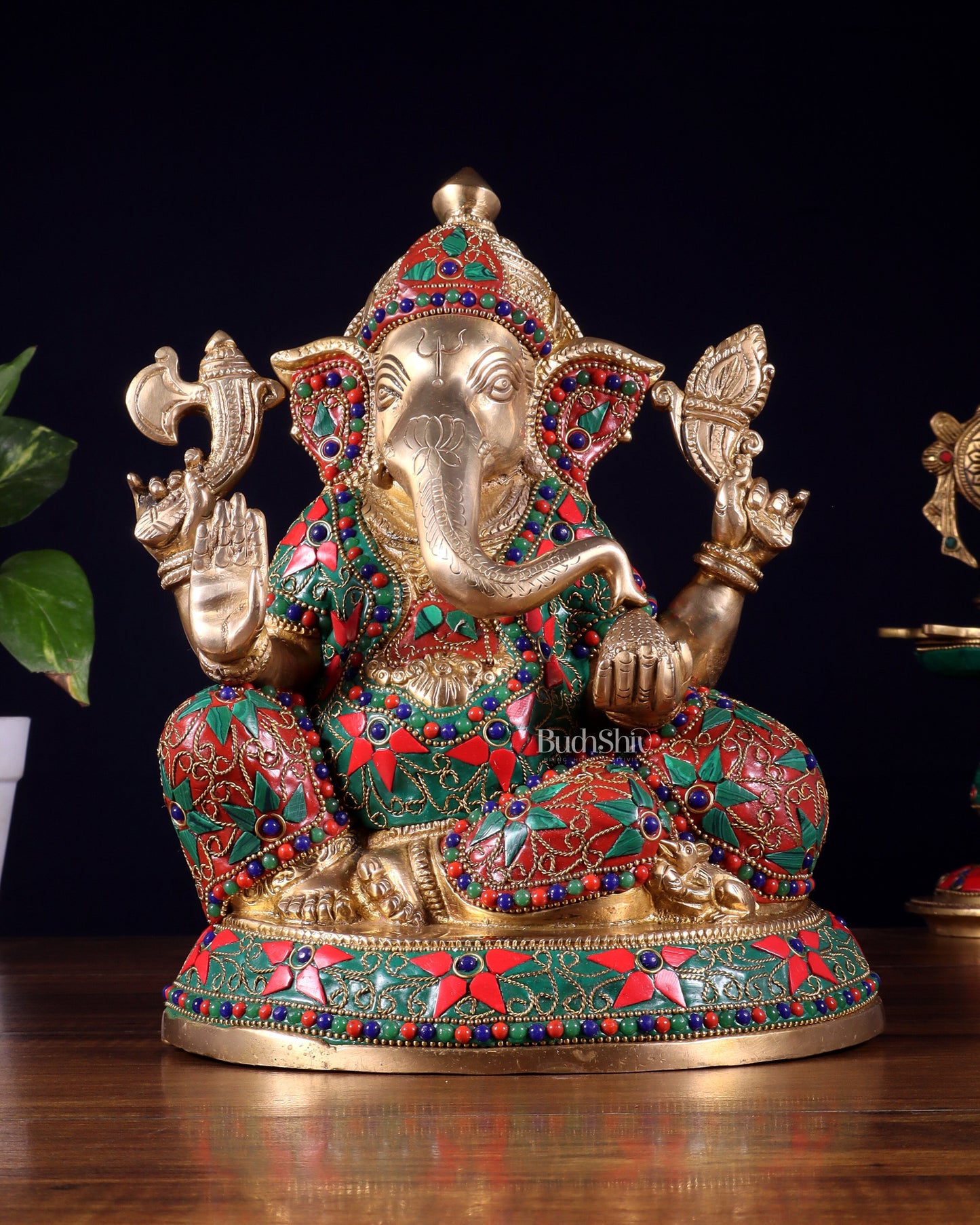 Brass Lord Ganesha Idol with Floral Stonework | Unique Handcrafted Design 9.5" | 100% Certified Copper & Brass - Sama Homes Idol - Brass Sculpture