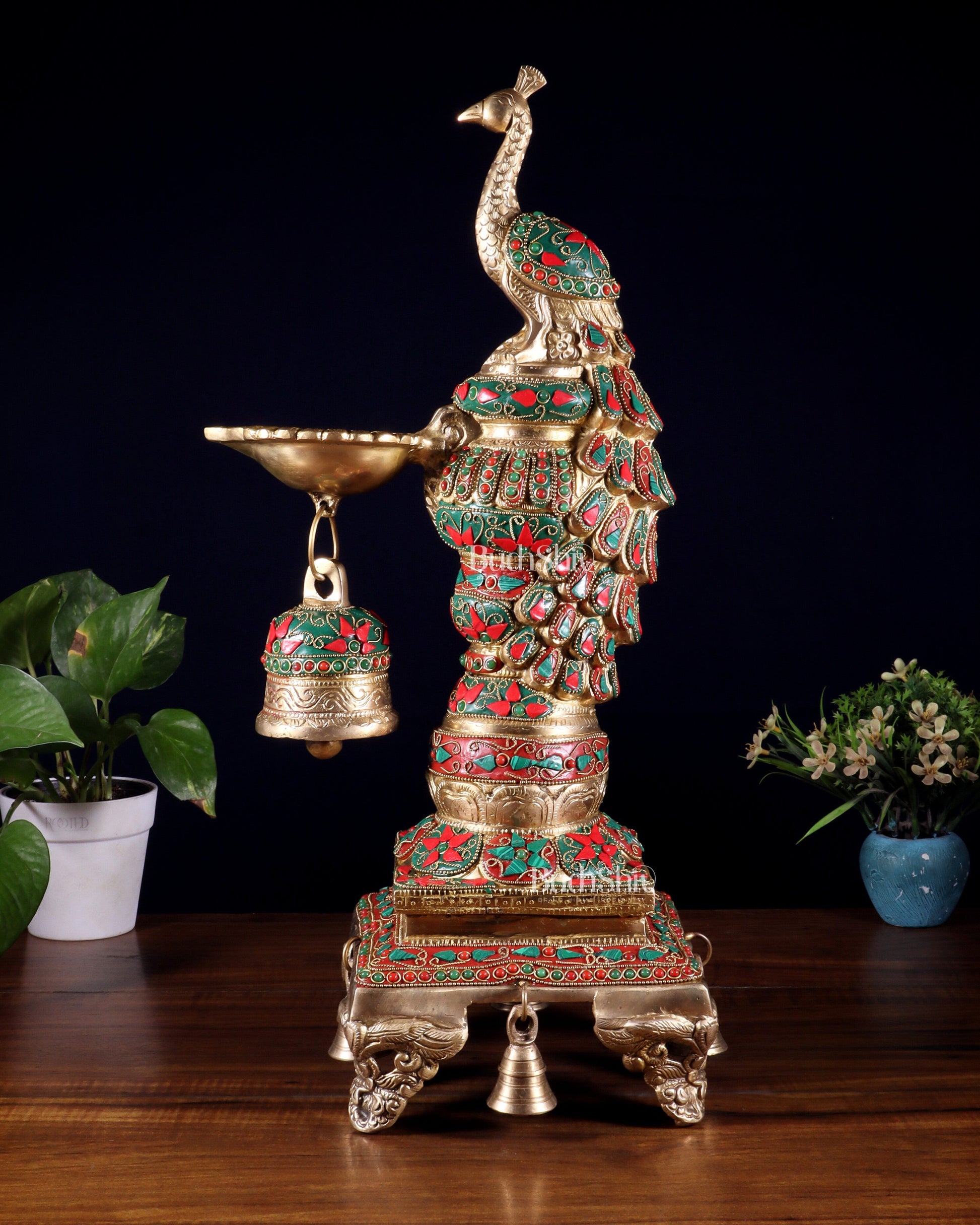 Brass Large Peacock Diya with Meenakari Stonework | 19-Inch Traditional Oil Lamp – Sama Homes - Eco-friendly - Sama Homes