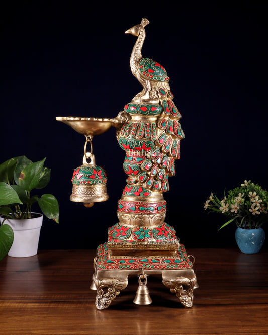 Brass Large Peacock Diya with Meenakari Stonework | 19-Inch Traditional Oil Lamp – Sama Homes