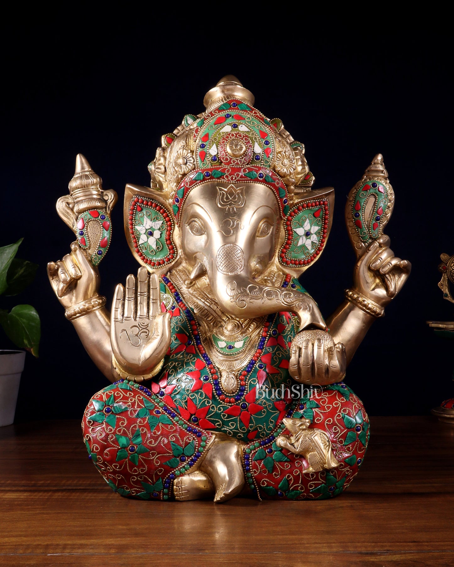 Pure Brass Ganesha Statue meenakari 15" - Sama Homes Idol - Brass Sculpture