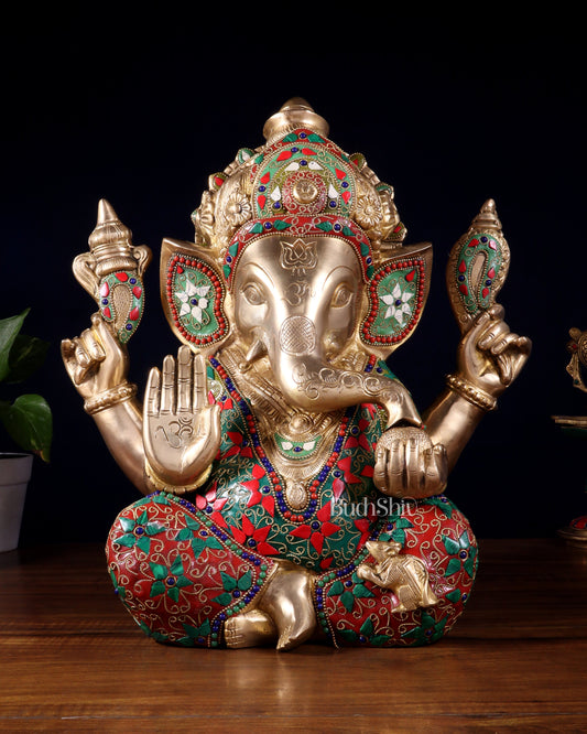 Pure Brass Ganesha Statue meenakari 15" - Sama Homes Idol - Brass Sculpture