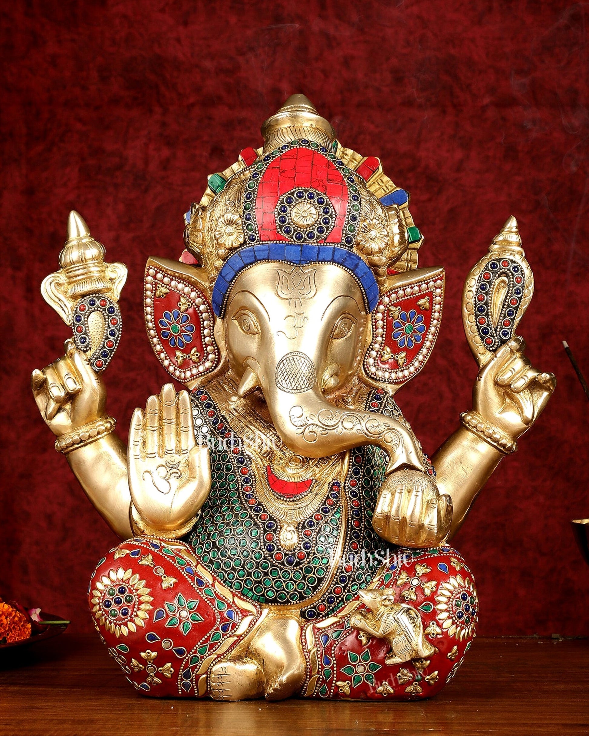 Pure Brass Ganapati Statue multicolour work 15" - Sama Homes Idol - Brass Sculpture - Eco-friendly - Sama Homes