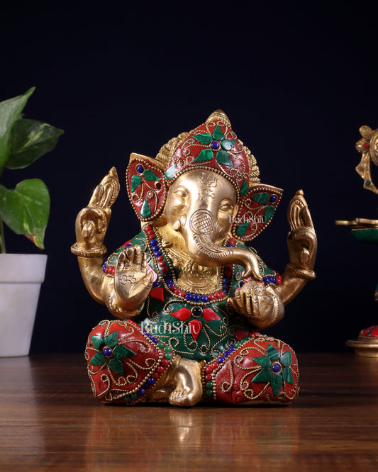 Brass Taj Ganesha Idol with Stonework | Height 7 inch - Sama Homes Idol - Brass Sculpture
