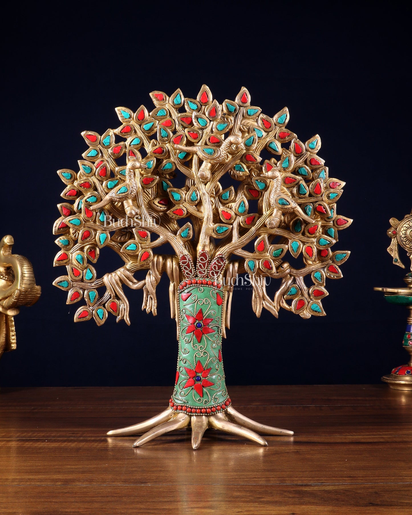 Exquisite Brass Kalpavriksha Tree of Life Showpiece - Table Standing | Height 12" with stonework