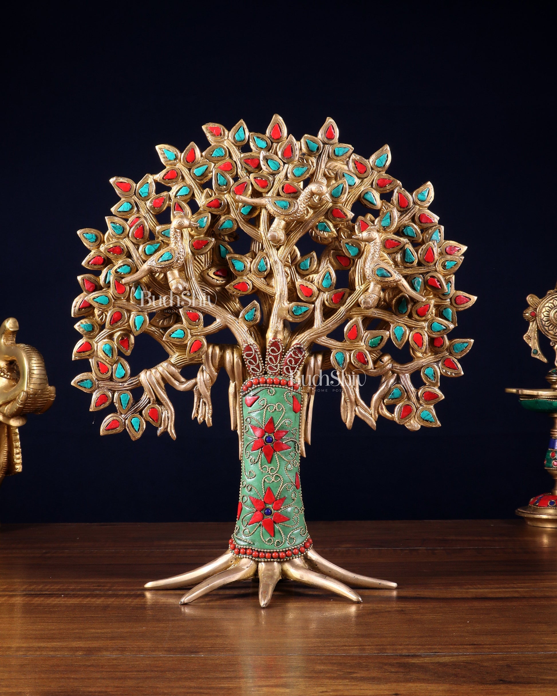 Exquisite Brass Kalpavriksha Tree of Life Showpiece - Table Standing | Height 12" with stonework - Eco-friendly - Sama Homes