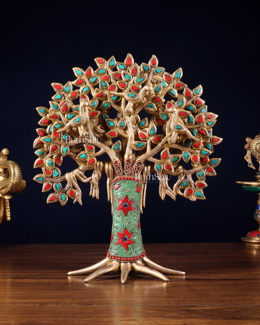 Exquisite Brass Kalpavriksha Tree of Life Showpiece - Table Standing | Height 12" with stonework