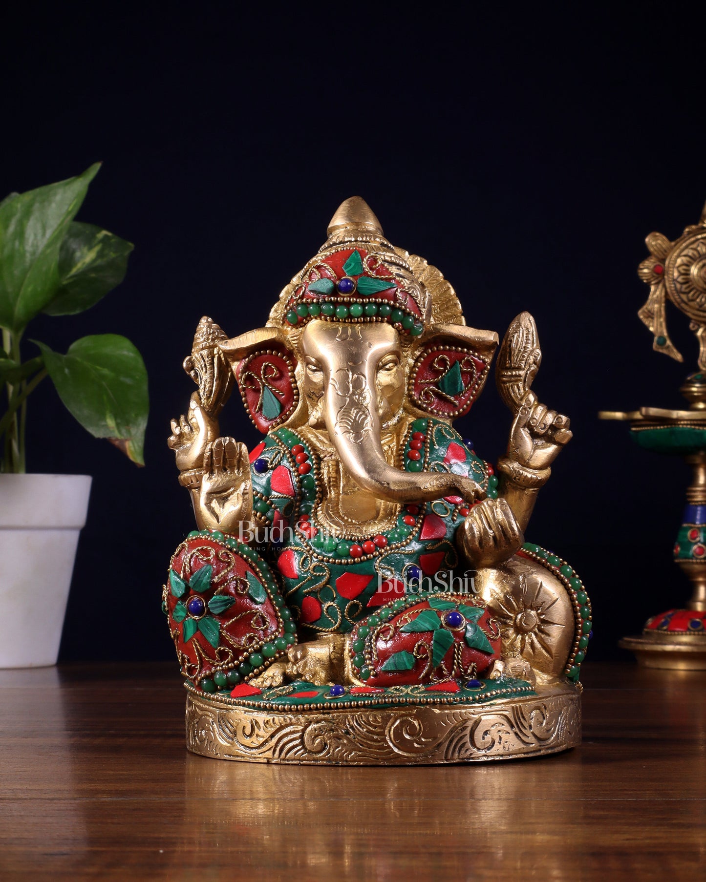 Pure Brass Relaxing Lord Ganesha Statue with Meenakari Stonework 6.5" - Sama Homes Idol - Brass Sculpture