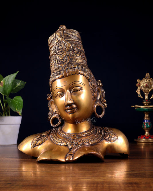 Brass Parvati face Bust table accent 12" Burnt brass tone | 100% Certified Copper & Brass - Sama Homes Idol - Brass Sculpture