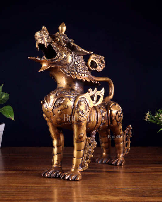 Vintage Brass Tibetan Snow Lion Statue 14.5 inch - Sama Homes Idol - Brass Sculpture