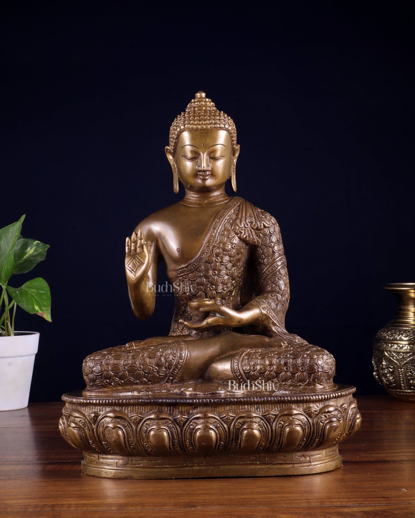 Pure Brass Antique Buddha Blessing Statue - 13.5" thick Copper tone - Sama Homes Idol - Brass Sculpture