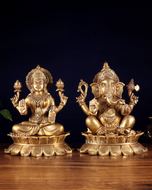 Large Brass Ganesha Lakshmi statue 14" - Sama Homes Idol - Brass Sculpture