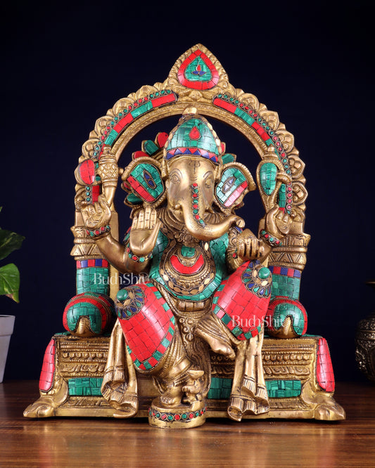 Pure Brass Lord Ganesha Statue multicolour  - 17" - Sama Homes Idol - Brass Sculpture