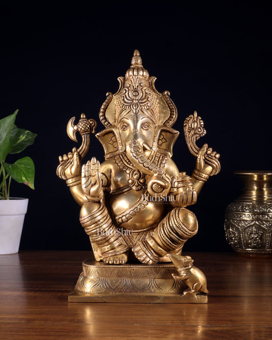 Brass Ganesha Idol - 11.5 Inch Statue enhanced carvings | 100% Certified Copper & Brass - Sama Homes Idol - Brass Sculpture