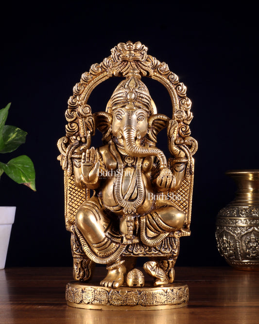 Pure Brass Lord Ganesha Seated on a Throne Statue 10" - Sama Homes Idol - Brass Sculpture