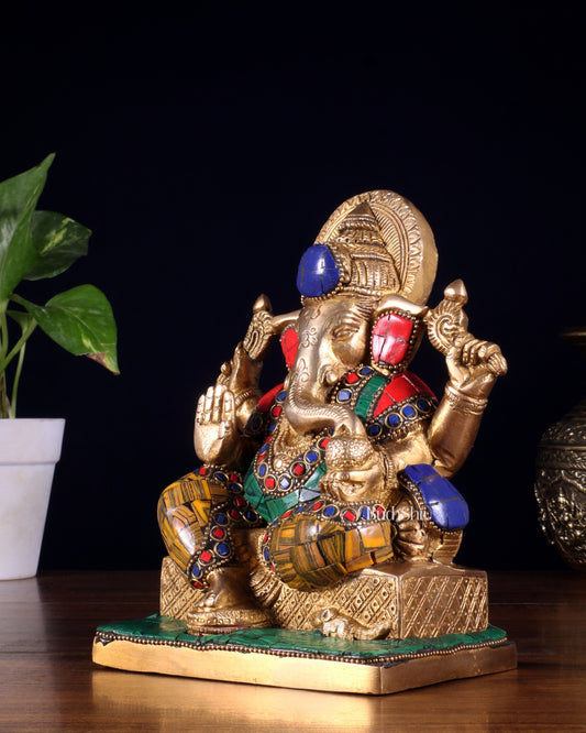 Brass Lord Ganesha Idol with Stonework | Height 7.5 inch | 100% Certified Copper & Brass - Sama Homes Idol - Brass Sculpture