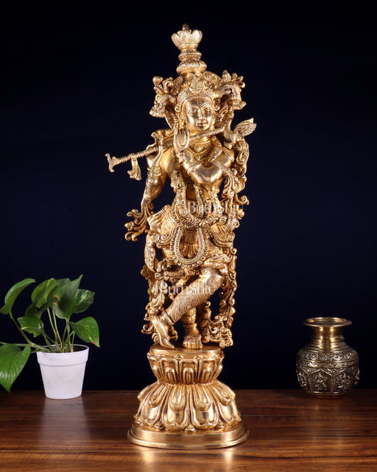 Krishna Brass Statue 25 inch glossy - Sama Homes Idol - Brass Sculpture
