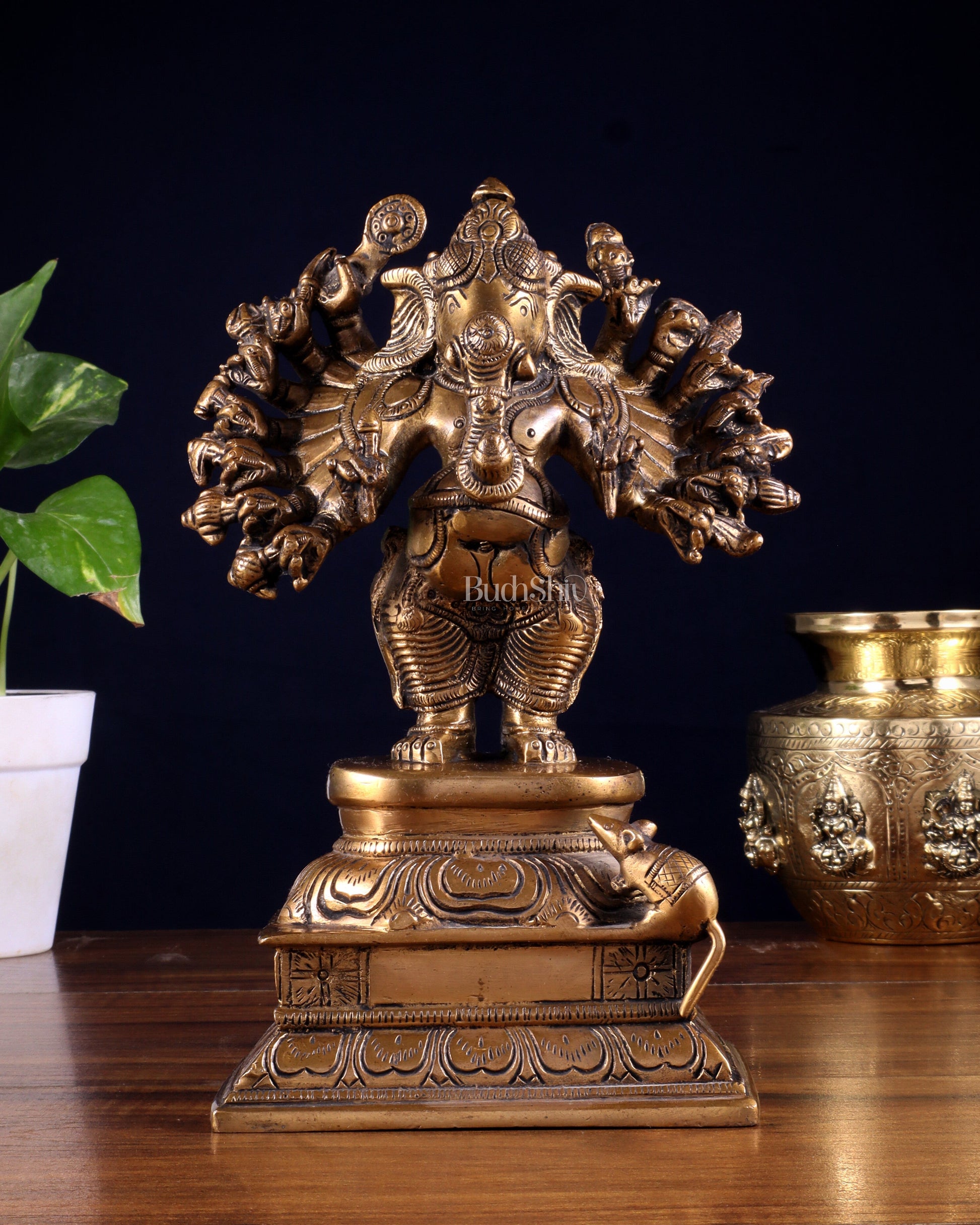 Brass Standing Lord Ganesha Idol with 16 Arms - 8.5 Inch | 100% Certified Copper & Brass - Sama Homes Idol - Brass Sculpture - Eco-friendly - Sama Homes