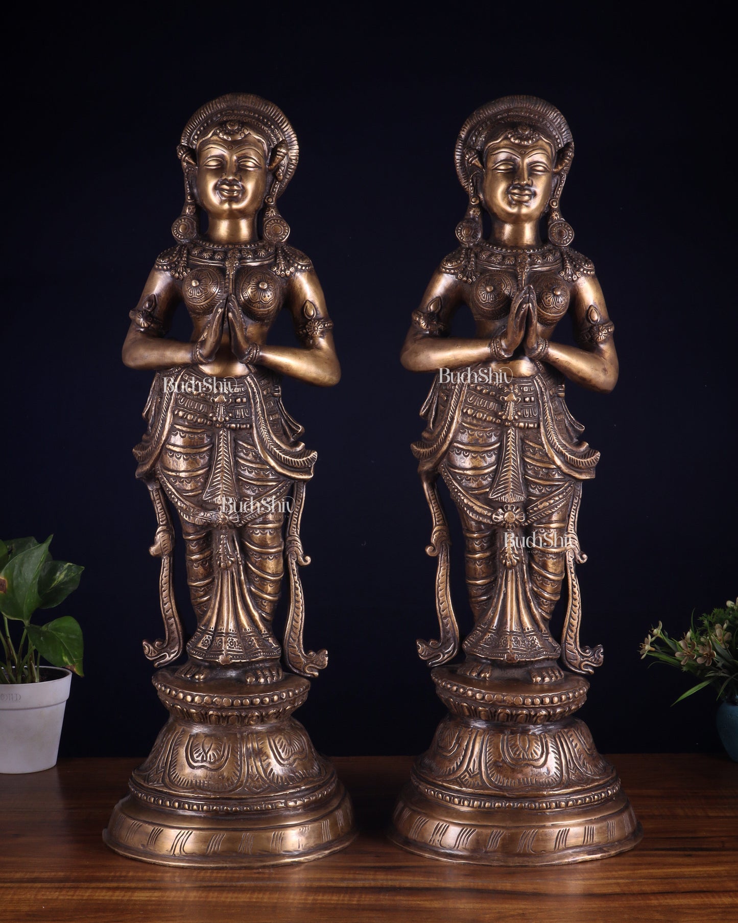 Vintage Brass Namaste Welcome Ladies – Pair - Sama Homes Idol - Brass Sculpture