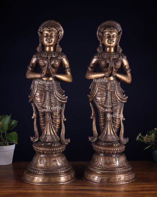 Vintage Brass Namaste Welcome Ladies – Pair - Sama Homes Idol - Brass Sculpture