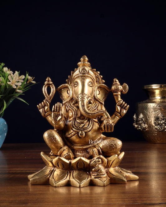 Pure Brass Ganesha in Lotus Base Idol - 5.5" - Sama Homes Idol - Brass Sculpture