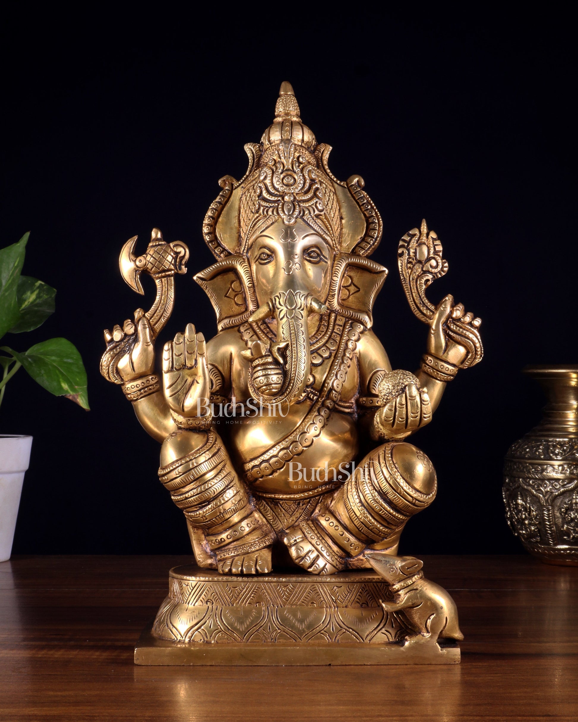 Brass Superfine Ganesha Idol with Right-Side Trunk valampuri - 11.5" | 100% Certified Copper & Brass - Sama Homes Idol - Brass Sculpture - Eco-friendly - Sama Homes