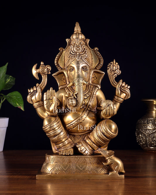 Brass Superfine Ganesha Idol with Right-Side Trunk valampuri - 11.5" | 100% Certified Copper & Brass - Sama Homes Idol - Brass Sculpture